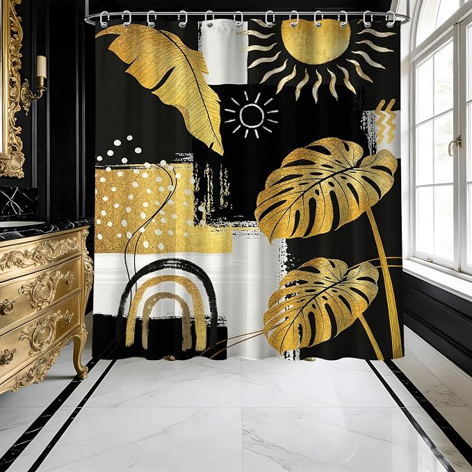 Black and Gold Mid Century Modern Shower Curtain Bohemian Abstract Dark Mens Shower Curtains for Bathroom Decor Sets, Waterproof Cloth Fabric with Hooks, 70x78 Inch