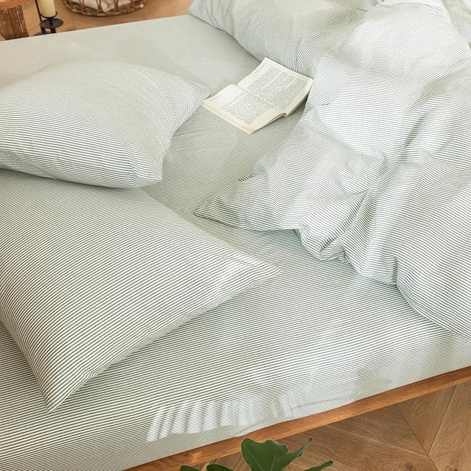 MooMee Striped Duvet Cover Set 100% Washed Cotton Linen Like Textured Breathable Durable Soft Comfy (Sage Green White Pinstripes, Queen 90"x90")