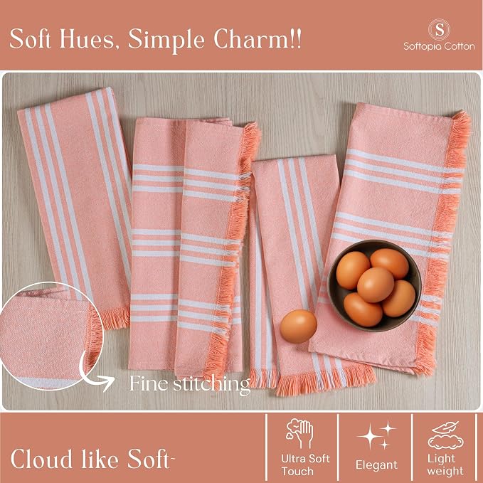 Prewashed Stripe Dish Towels 4 Pack, 16x26 Inches, 100% Cotton Kitchen Cloths, Quick Drying Wash Rags, Reusable and Absorbent, Washable Towels for Cleaning, Cooking - Light Orange