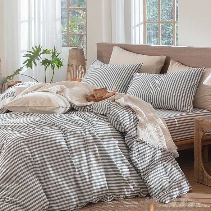 MooMee Striped Duvet Cover Set 100% Washed Cotton Linen Like Textured Breathable Durable Soft Comfy (Dark Grey White Classic Stripes, Oversized Queen 98"x98")