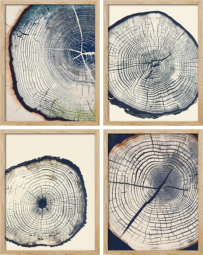SIGNWIN Adhesive Canvas Poster Blue & White Overexposed Wood Tree Ring Nature Wilderness Minimalism Digital Art Modern Art Decorative Zen Relax/Calm Multicolor for Bedroom - 11"x14"x4