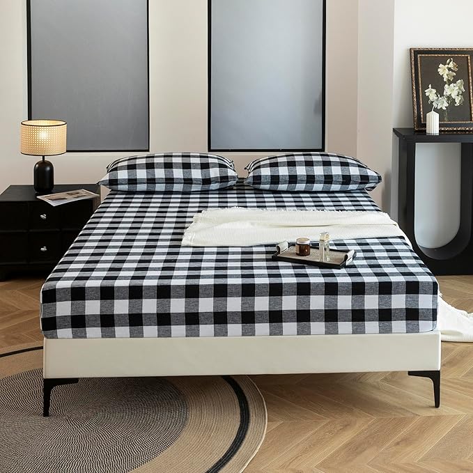 EVERLY Linen Sheets California King Size,100% French Stonewash Linen Sheets Set,4Pieces (1Flat Sheet,1Fitted Sheet,2Pillowcase) Suitable for Hot Sleepers,Deep Pocket Natural Bedding Set-Black Plaid