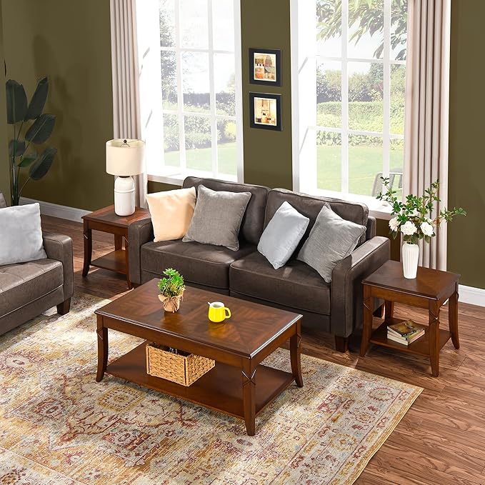 2-Set Solid Wood End Table with Storage Shelf, Cherry Walnut