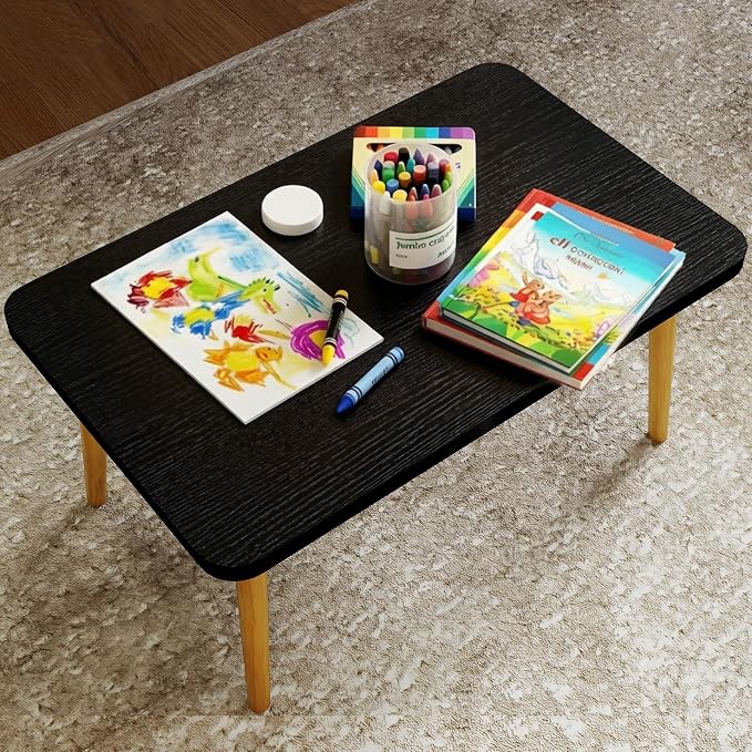 Square Coffee Table Low Table with 4 Solid Wood Sturdy Legs,Floor Table Desk for Sitting on The Floor,19.7"D x 31.5"W x 16"H Inches,Living Room/Toy room Furniture,Rental house Furniture(Black-Square)