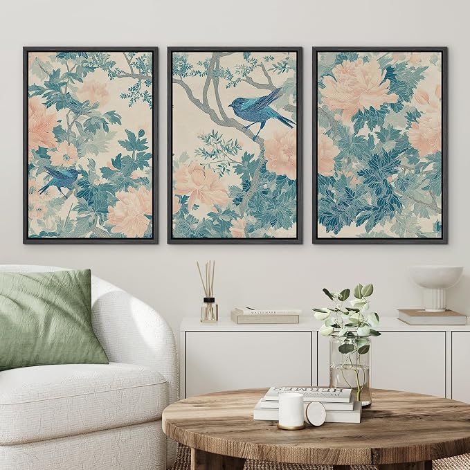 wall26 Framed Print Wall Art Set Elegant Blue Bird and Peony Floral Pattern Decorative Minimal Relax/Zen for Living Room, Bedroom, Office - 16"x24"x3 Black