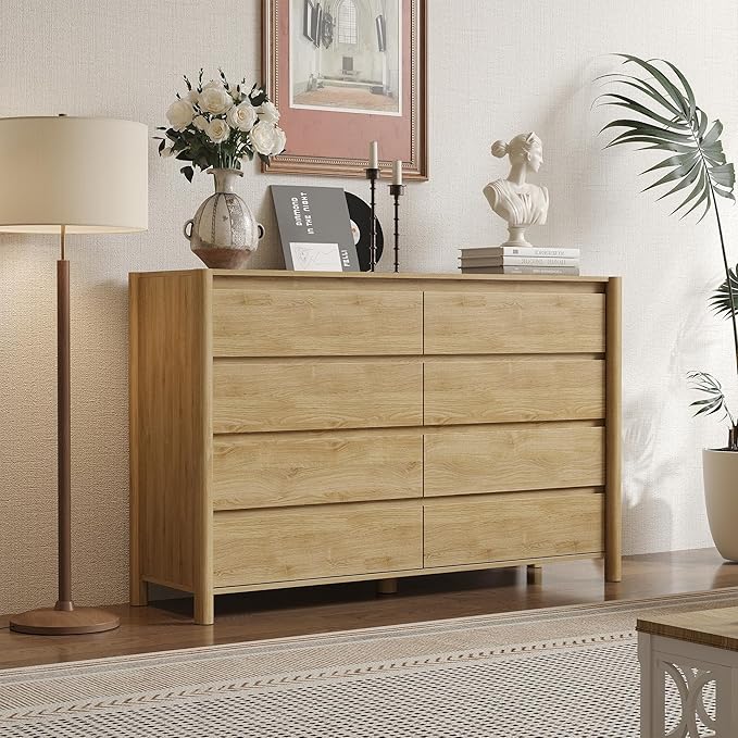 CHUWELL Dresser for Bedroom，55" Wide Mid Century Chest of Drawers with 8 Large Storage Space and 4 Solid Wood Cylindrical Legs,8 Drawer Large Dresser for Bedroom(Oak)