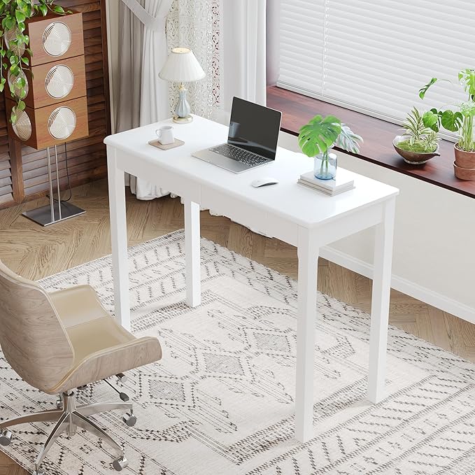 100% Solid Wood Desk with Drawers 39 x 15 Inch Mid Century Modern Desk Vintage Small Writing Wooden Desks for Small Spaces Bedroom, Living Room, Office