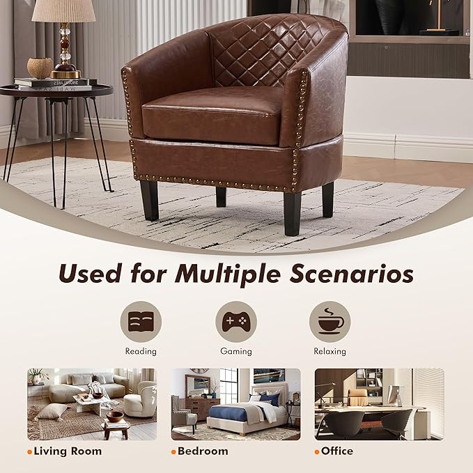 QQU Barrel Accent Chair, Retro PU Leather Club Chair with Nail-Heads, Upholstered Armchair for Living Room, Bedroom, Waiting, Office (Brown)