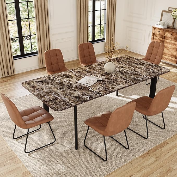 Extendable Dining Table Set for 6-8 People, 63 to 78.7 Inch MDF Kitchen Table with 6 Upholstered Chairs, Space-Saving for Dining Room, Breakfast Nook (Brown Table & 6 Brown U-Shaped Chairs)