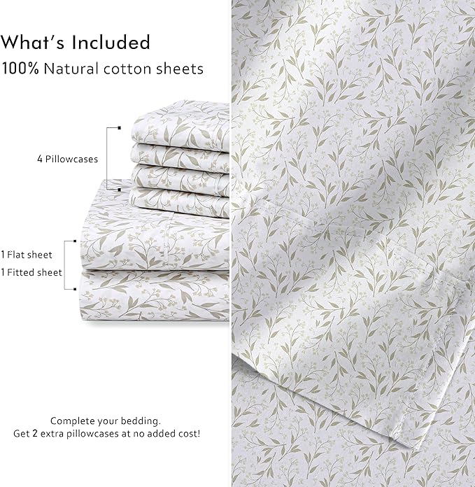 RUVANTI 100% Cotton Percale Sheets Queen Size 6 Piece Set, Cooling Bed Sheets for Hot Sleepers, Deep Pocket 16”, Breathable Lightweight & Durable, Crisp Hotel Style Sheets, Botanica Living