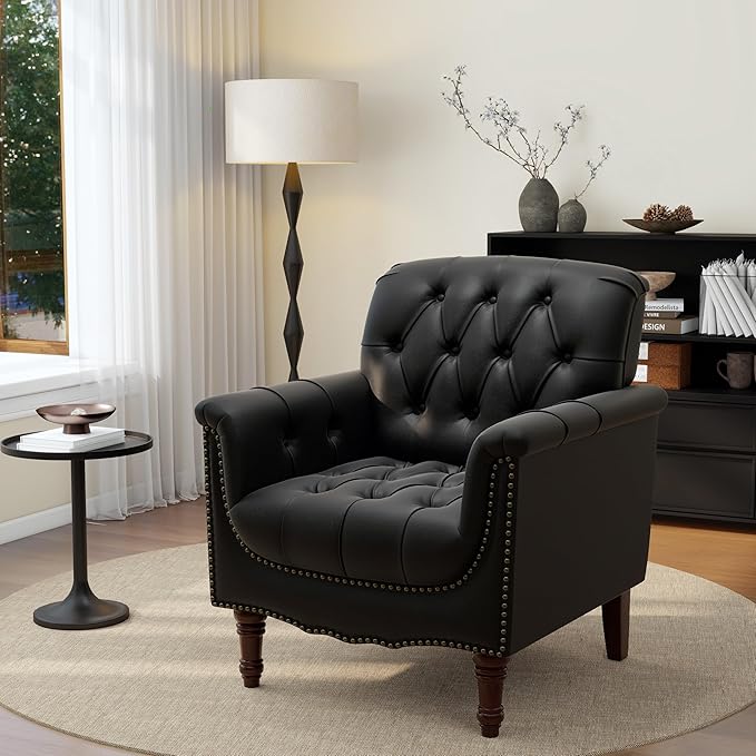 Faux Leather Accent Chair for Living Room, Upholstered Retro Armchair Tufted Club Arm Chair Single Sofa Lounge Bedroom Side Reading Seating with Solid Wood Legs, Black