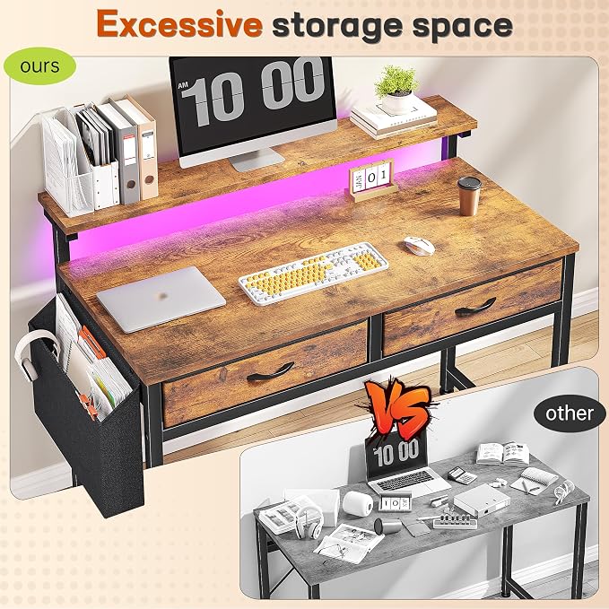 Gaming Desk with LED Lights with 2 Drawers, 31 Inch Desk Home Office Desk Computer Desk with Side Pocket & Ergonomic Monitor Stand, Small Space Study Writing Table with Anti-Tip Design, Rustic Brown