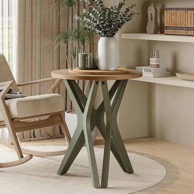 LONYKE Pedestal Farmhouse End Table Set of 2, Distressed Top with Tripod Base Bedside Table for Living Room, Modern, Boho, Round, Sage Green