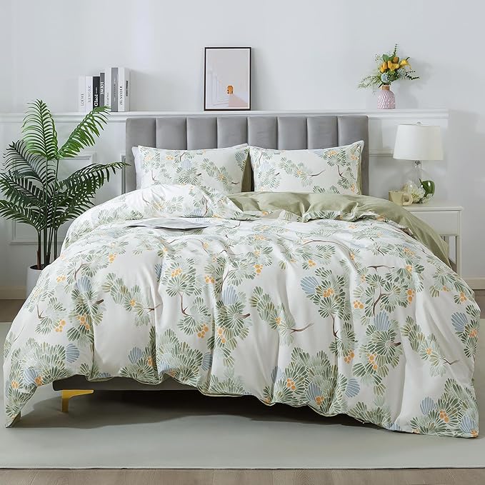 HoneiLife Duvet Dover Queen Size - 100% Cotton Comforter Cover Botanical Bedlinen Set with Zipper Closure & Corner Ties, 3-PC Forest Comforter Cover Sets