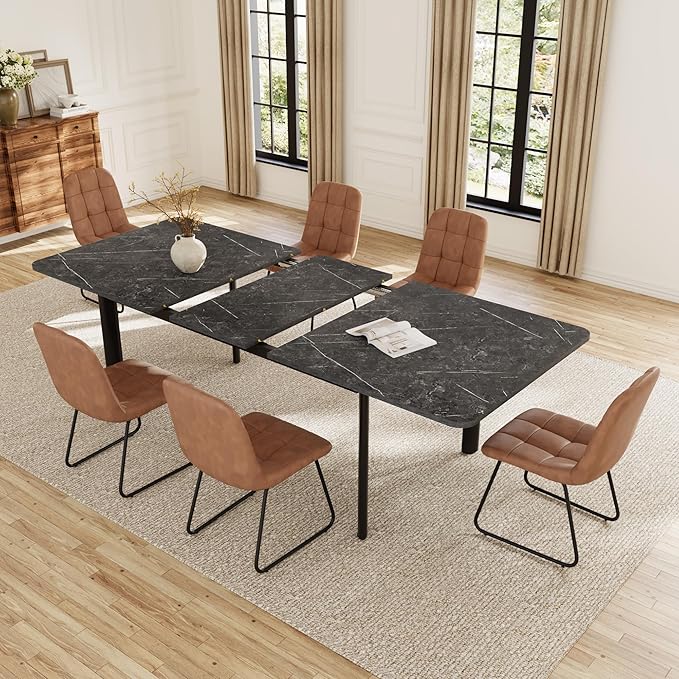 Extendable Dining Table Set for 6-8 People, 63 to 78.7 Inch MDF Kitchen Table with 6 Faux Leather Dining Chairs, Space-Saving for Dining Room, Breakfast Nook (Dark Grey Table & 6 Brown Leather Chairs)