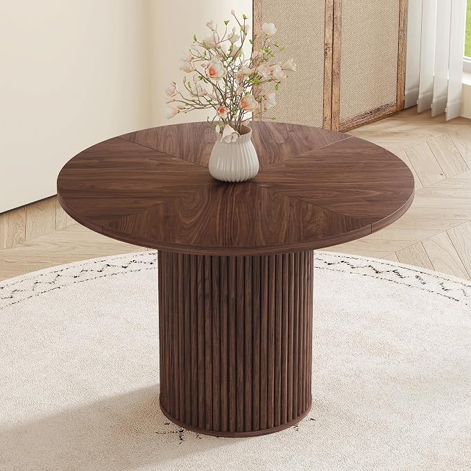 42" Round Dining Table for 4-6,Mid Century Modern Dining Room Table with Walnut Wood Grain,Rustic Kitchen Table with Round Pedestal for Dining Room Kitchen