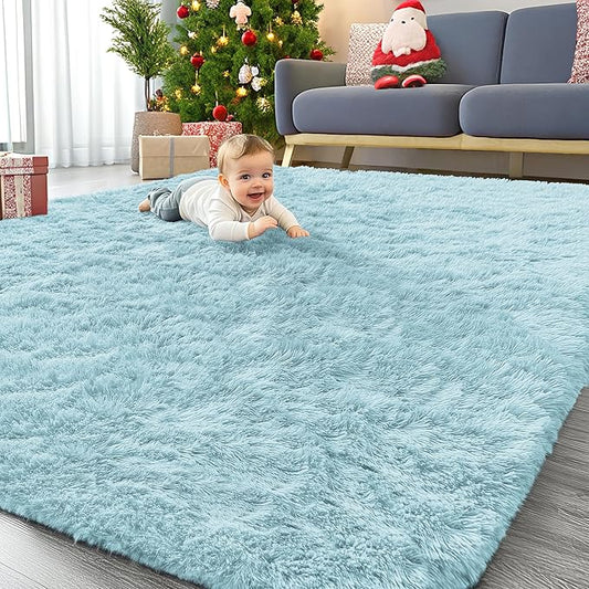 OLANLY 8x10 Machine Washable Large Area Rugs for Living Room, Bedroom, Soft Fluffy Shaggy Bedside Rug, Indoor Floor Carpet for Kids Girls and Boys, Dorms, Nursery, Home Decor Aesthetic, Light Blue