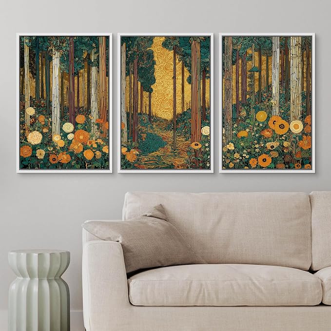 wall26 Framed Print Wall Art Set Klimt Style Sunlit Forest Vibrant Green and Gold Floral WoodlandDecorative Minimal Relax/Zen for Living Room, Bedroom, Office - 16"x24"x3 WHITE