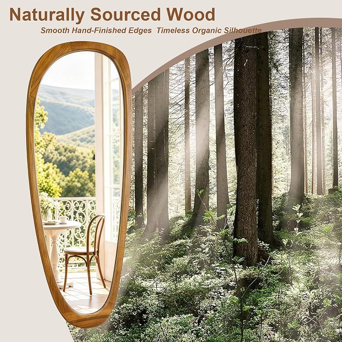 48" x 22" Asymmetrical Wall Mirror with Brown Wood Frame, Irregular Decorative Mirror for Living Room Entryway Bedroom, Large Wall Mirror, HD Tempered Glass, Horizontal or Vertical Hanging