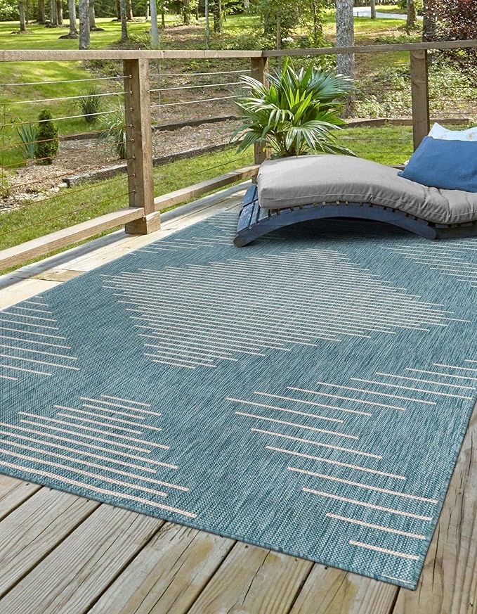 Rugs.com Outdoor Modern Collection Rug – 7' x 10' Light Aqua Flatweave Rug Perfect for Bedrooms, Dining Rooms, Living Rooms