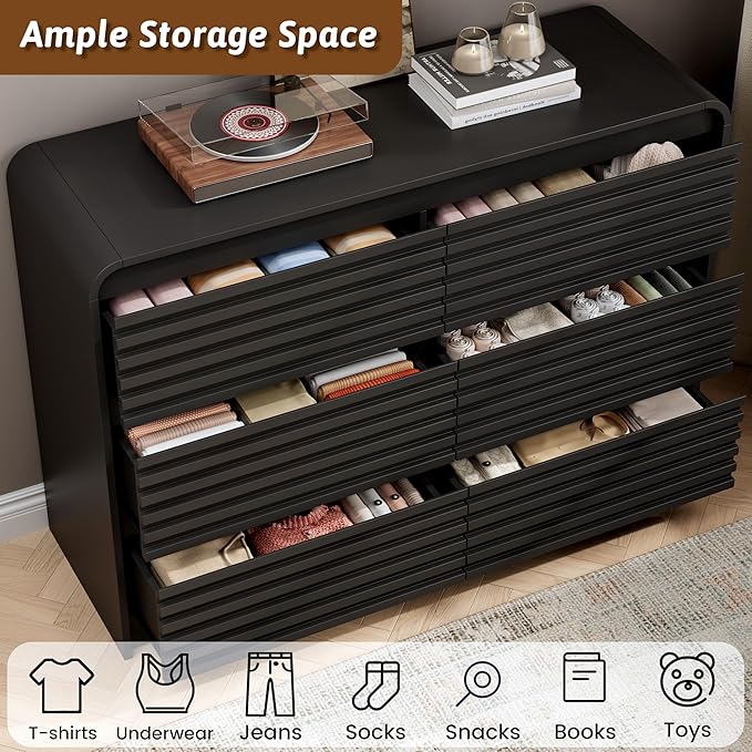 Fluted 6 Drawer Dresser for Bedroom, 47" Wide Wood Chests of Drawers with Curved Profile, Mid Century Modern Dresser with Large Storage & Hidden Handle for Living Room, Hallway, Black
