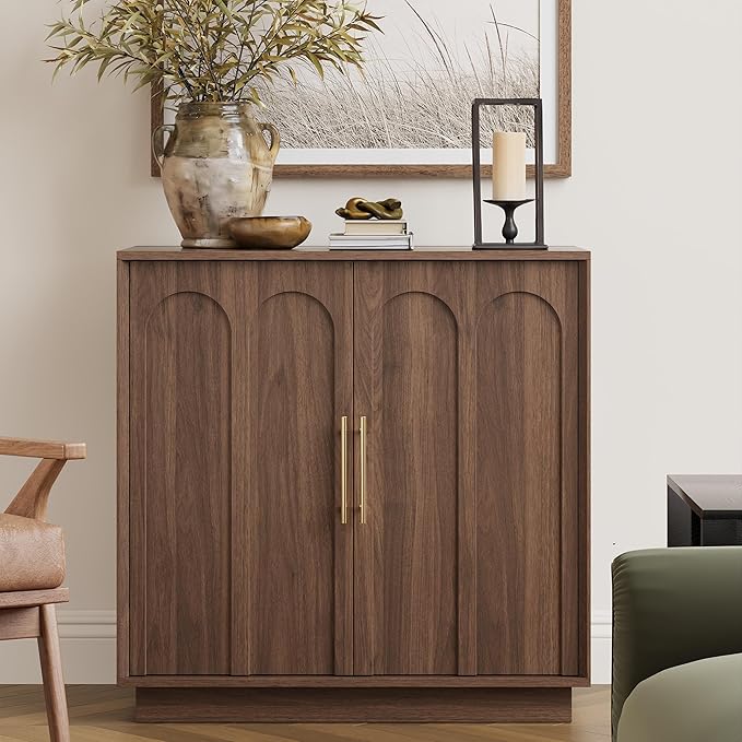 Sideboard Buffet Cabinet with Storage Set of 2, Mid Century Modern Accent Cabinet with Arched Doors, Modular Media Console, Credenza for Living Room Kitchen Dining Room Entryway, Walnut