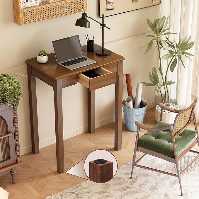 Solid Wood Desk with Drawers - 23.6" Narrow Desks for Small Spaces, Mid Century Modern Desks, Small Wooden Vintage Computer Writing Desk, Study Table for Home Office Bedroom, Walnut