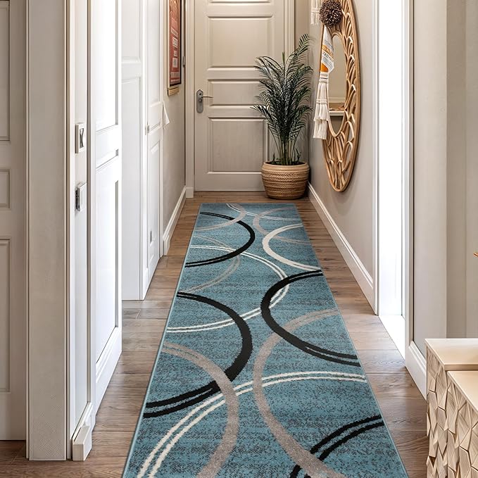 Rugshop Modern Wavy Circles Design Runner Rug, Non-Shedding Carpet for Hallway, Kitchen, or Entryway, Blue, 2' x 7'2"