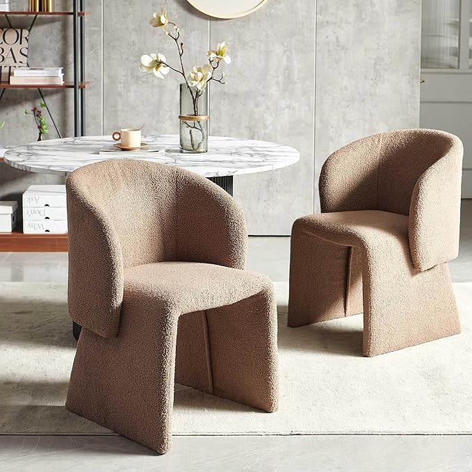NORDICANA 3-Piece Round Dining Table Set for 2, Modern 47-Inch Kitchen Table and Chair Set, Dining Set with Brown Upholstered Armchairs, Manufactured Wood Top with White Marble Effect Finish
