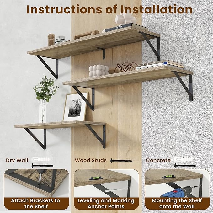 55" Long Wall Mounted Floating Shelves,8 inch Deep Floating Shelf with Metal Brackets Set of 2,Easy-to-Install Wall Decor Storage Ledges for Living Room,Bathroom,Bedroom,Kitchen,Office,Grey