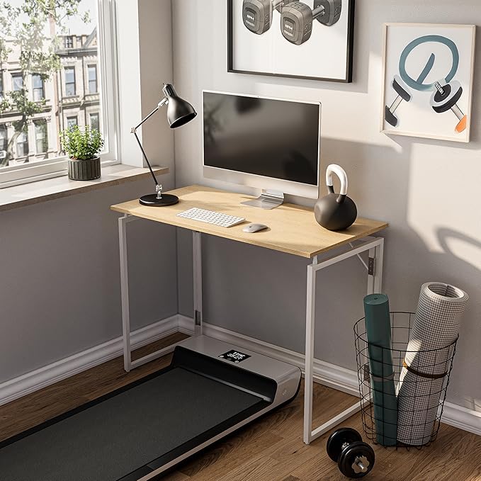 alawooder Folding Desk - 39.4” Wood Top Foldable Desk for Small Spaces | No Assembly Required Compact Desk for Home Office, Writing, and Study