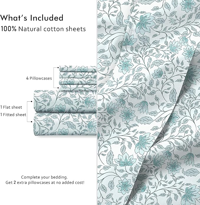 RUVANTI 100% Cotton Percale Sheets Queen Size 6 Piece Set, Cooling Bed Sheets for Hot Sleepers, Deep Pocket 16”, Breathable Lightweight & Durable, Crisp Hotel Style Sheets, Wildflower Nest