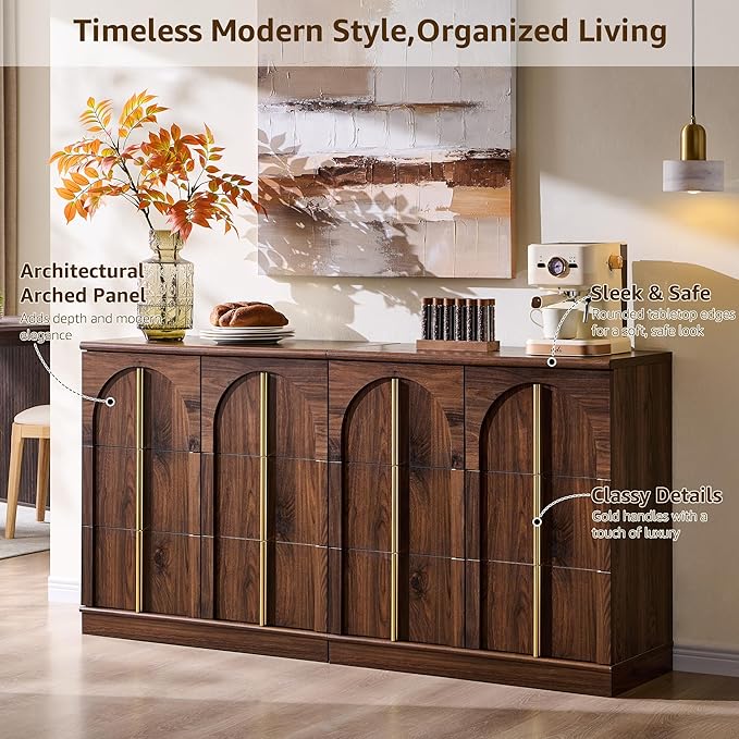 ACCOHOHO Buffet Cabinet with Storage 93 Inch Arched Wood Sideboard Cabinet with Adjustable Shelf Modern Console Tables Accent Storage Cabinets for Living Room,Dining Room,Kitchen