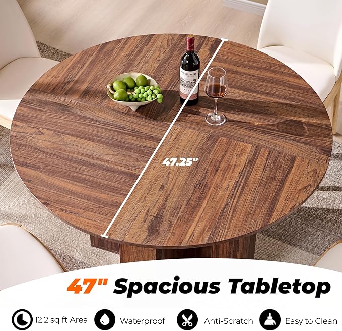 OKD 47" Round Dining Table for 4 People, Modern Pedestal Kitchen Table with Stable Cross Base & Thick Wood Top, Circle Dinner Table for Dining Room, Kitchen, Living Room, Rustic Walnut (Table Only)