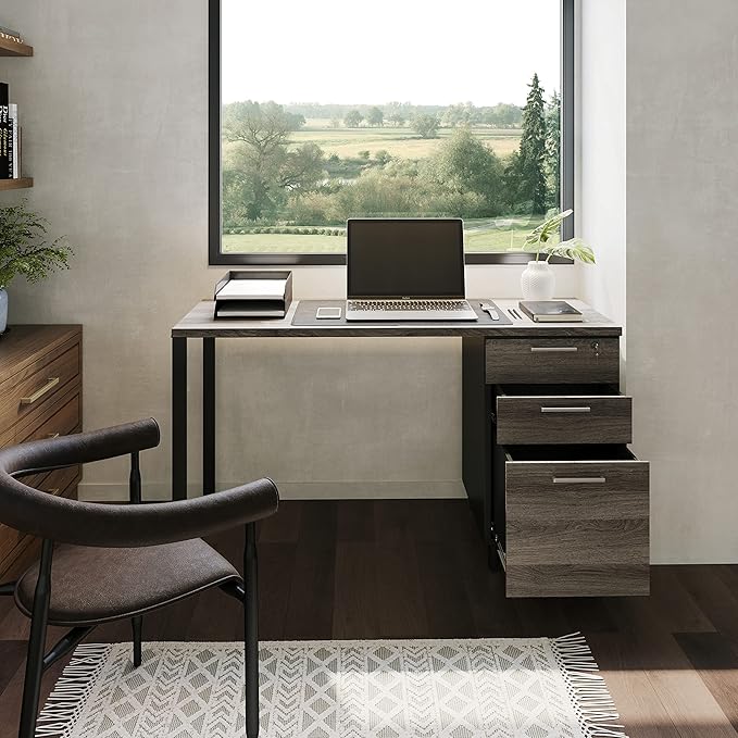 Modern Design Milano Office Computer Desk with 3 Locking Drawers, 48 Inch Grey and Black Industrial Wood Desk with Filing Drawer and Storage by Crafts and Comfort