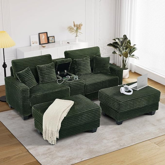 Oversized Chaise Lounge Chair Indoor with Storage & USB, Cup Holder & Ottoman, Firm Solid Wood Frame with Long Service Life Corduroy Oversized Lounge Reading Chair for Large Study Room - Green