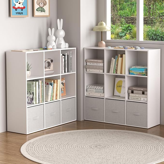 Wooden 9 Cube Storage Organizer with Closed Back Panel,White Cube Shelf Cubby Storage Organizer with Compartments for Living,Bookshelf, Easy to Install (White, 9 Cube-13in)