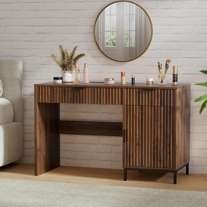 47" Office Desk with Fluted Drawers, Wooden Home Exectuive Desk with Storage Cabinet, Charging Station, Metal Legs Modern Farmhouse Computer Desk for Work, Study, Brown