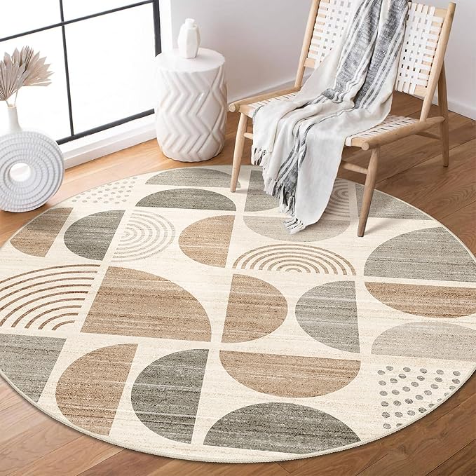 MUJOO Round Rug 4ft,Small Circle Area Rug Washable,Circular Rugs for Entryway Bedroom Kitchen,Boho Non Slip Throw Floor Carpet Modern Abstract Bohemian Neutral Beige