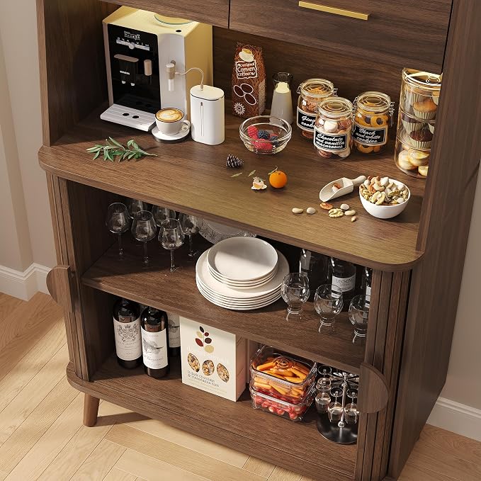 Decofy 47.2" Sideboard Buffet Cabinet with LED Light & Sliding Door, Modern Storage Cabinet with Adjustable Shelf &2 Drawers, Coffee Bar for Kitchen, Entryway(Oak) (Walnut)
