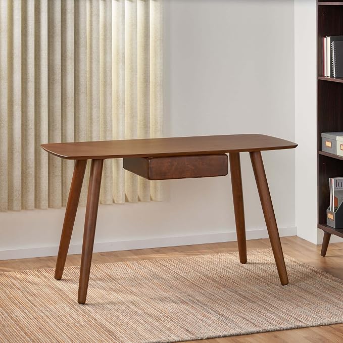 Wood Writing Desk with Drawers, Mid Century Desk with Solid Legs, Small Writing Desk for Small Spaces Bedroom Living Room, Easy Assembly (Walnut A)