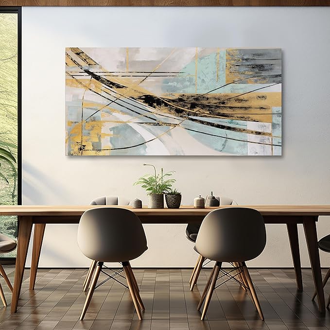 Abstract Wall Art Framed Wall Decor Modern Canvas Abstract Wall Art Black-Gold and Blue Grey Abstract Artwork for Living Room Bedroom Dining Room Home Office Decor 24"x48"