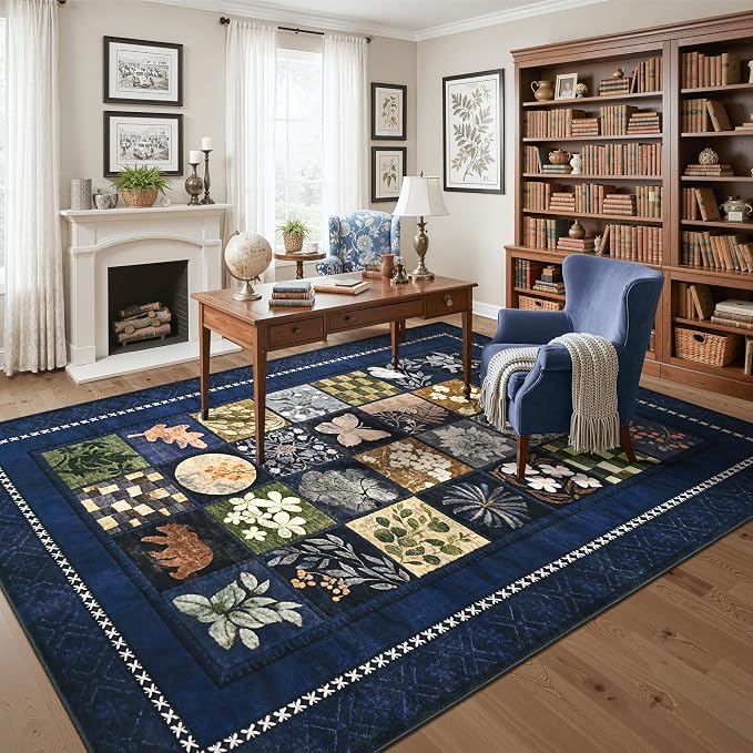 Tepook 4x6 Area Rugs for Living Room, Modern Large Geometric Rug for Bedroom, Washable Patchwork Rug Indoor Non Slip Throw Carpets for Dining Room Office Farmhouse Home Decor, Navy Blue