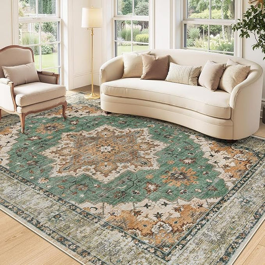 Area Rug 5x7 Vintage Rug: Washable Indoor Medallion Rugs Low Pile Distressed Floor Carpet Retro Accent Rug for Living Room Bedroom Kitchen Dining Table Home Office(Brown Green, 5'x7')