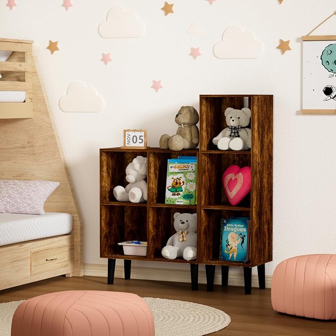 4 Cube Bookcase, Wooden Book Shelf Cube Storage Organizer with Legs, 2 Tier Bookshelf Freestanding Open Shelves for Living Room, Bedroom, Home Office (Brown, 4 Cube)