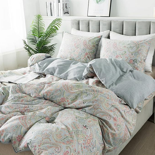 HoneiLife Wildflower Duvet Cover King - 100% Cotton Comforter Cover Sets, 3-PC Comfortable Floral Duvet Cover Sets,Soft & Breathable Duvet Cover with Zipper Closure & Corner Ties, Paisley