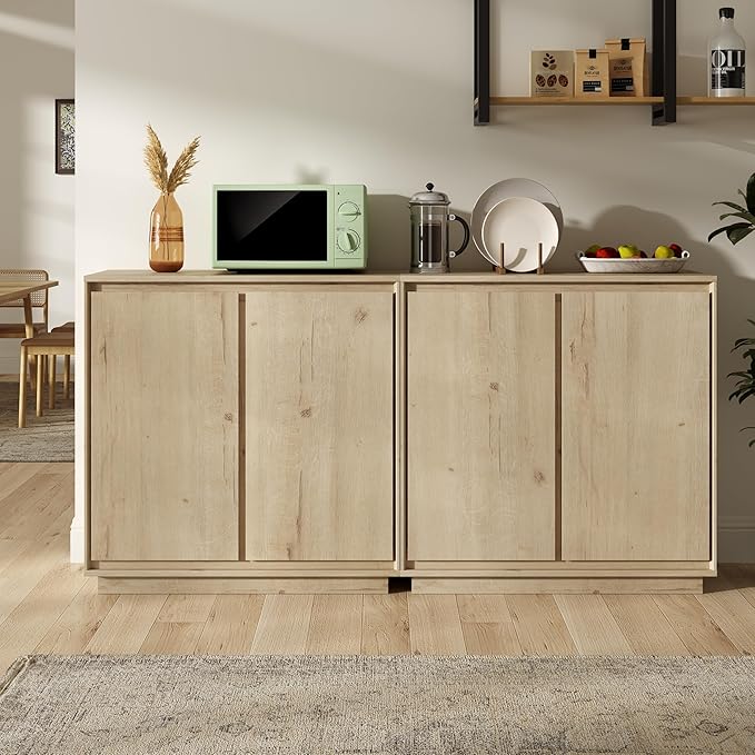 1pcs Sideboard Cabinet Buffet Cabinet with Storage with Adjustable Shelves and Handle-Free Design Suitable for Kitchens,Hallway,and Living Rooms Light Oak