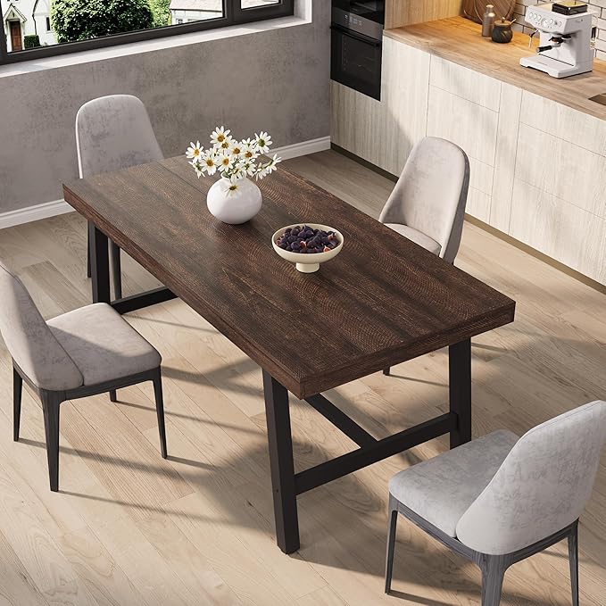 GarveeHome Industrial Dining Table for 4-6 People, 63" Long Wooden Kitchen Table with Sturdy Metal Frame & Birch Finish, Seats 4 Rectangular Counter for Dinner, Kitchen, Dining Room-Dark Rustic Birch