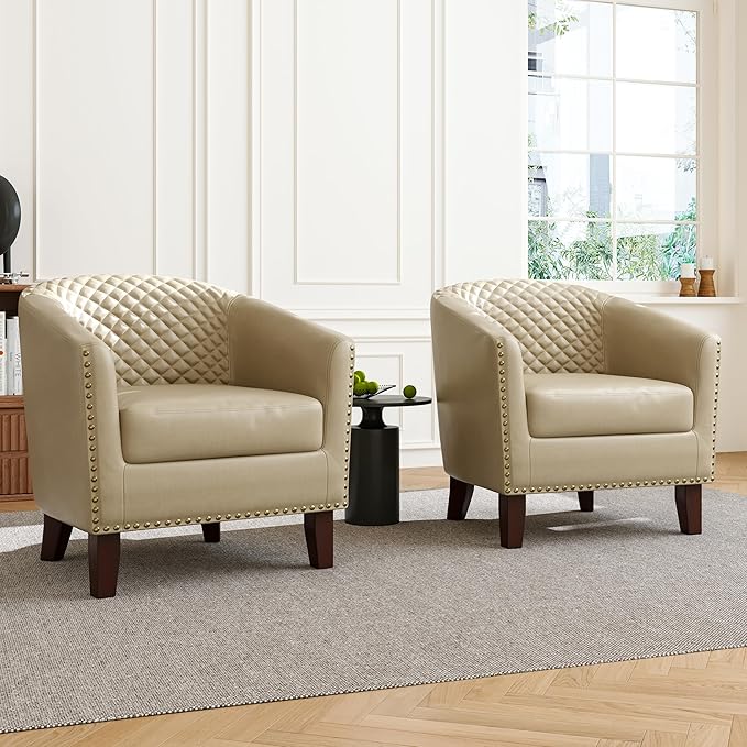 Accent Barrel Chair, Upholstered Faux Leather Club Chair with Nailed Trim, Comfy Reading Armchair for Living Room Bedroom Reception Room Office (Beige, Set of 1)