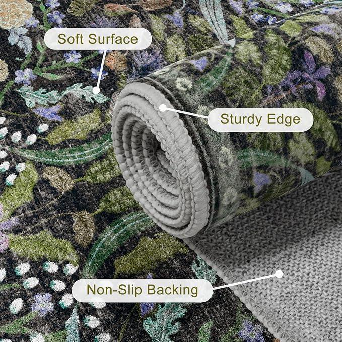 AMTOVO 2x3 Washable Entryway Area Rug Door Mat, Vintage Boho Floral Distressed Print Non-Slip Carpet, Small Throw Rug for Indoor Entrance Kitchen Bedroom Bathroom Laundry Floor, Black